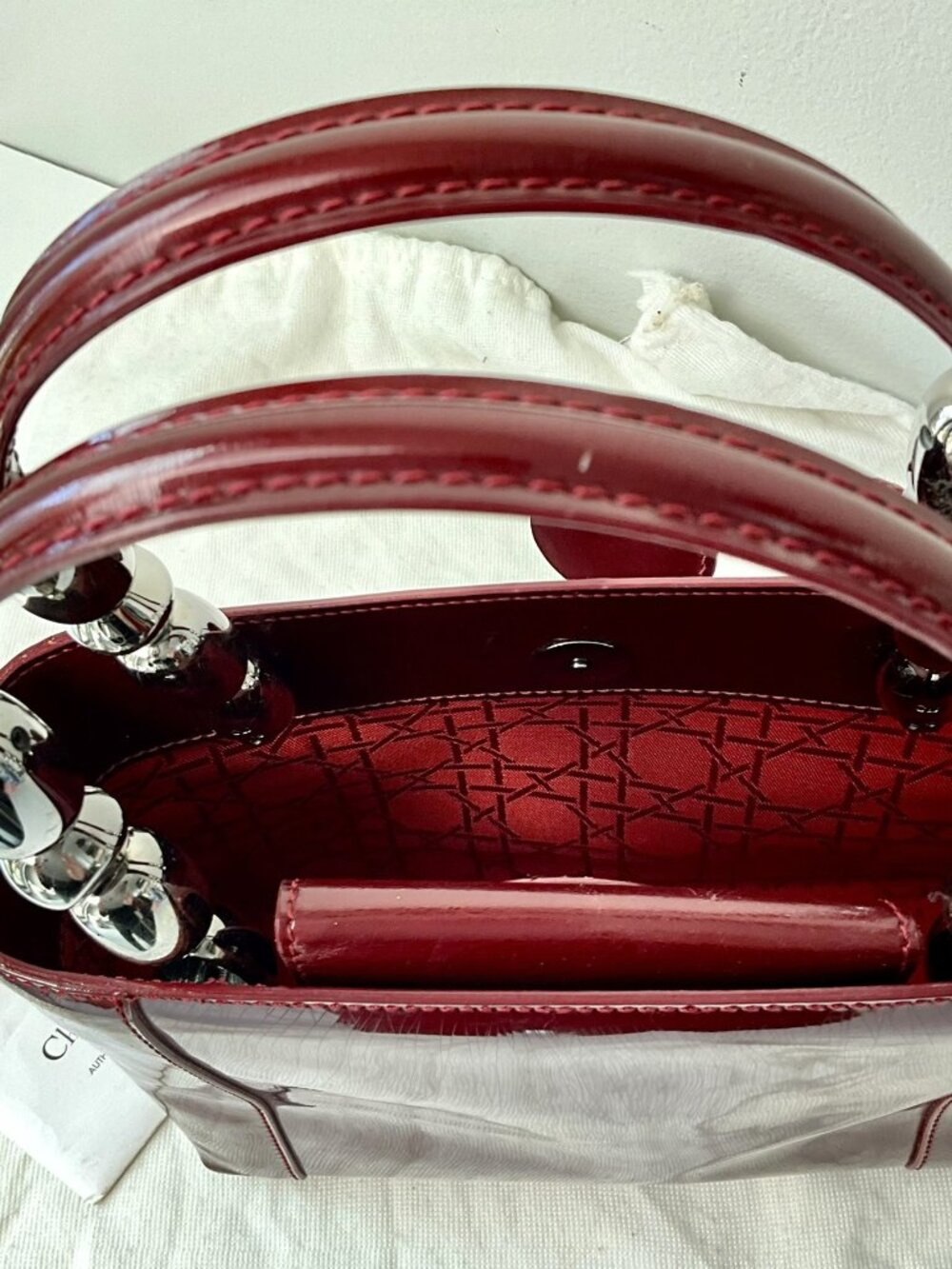 Vintage Christian Dior Bordeaux Patent Leather Mini Handbag Silver Hardware - Picture 7 of 10